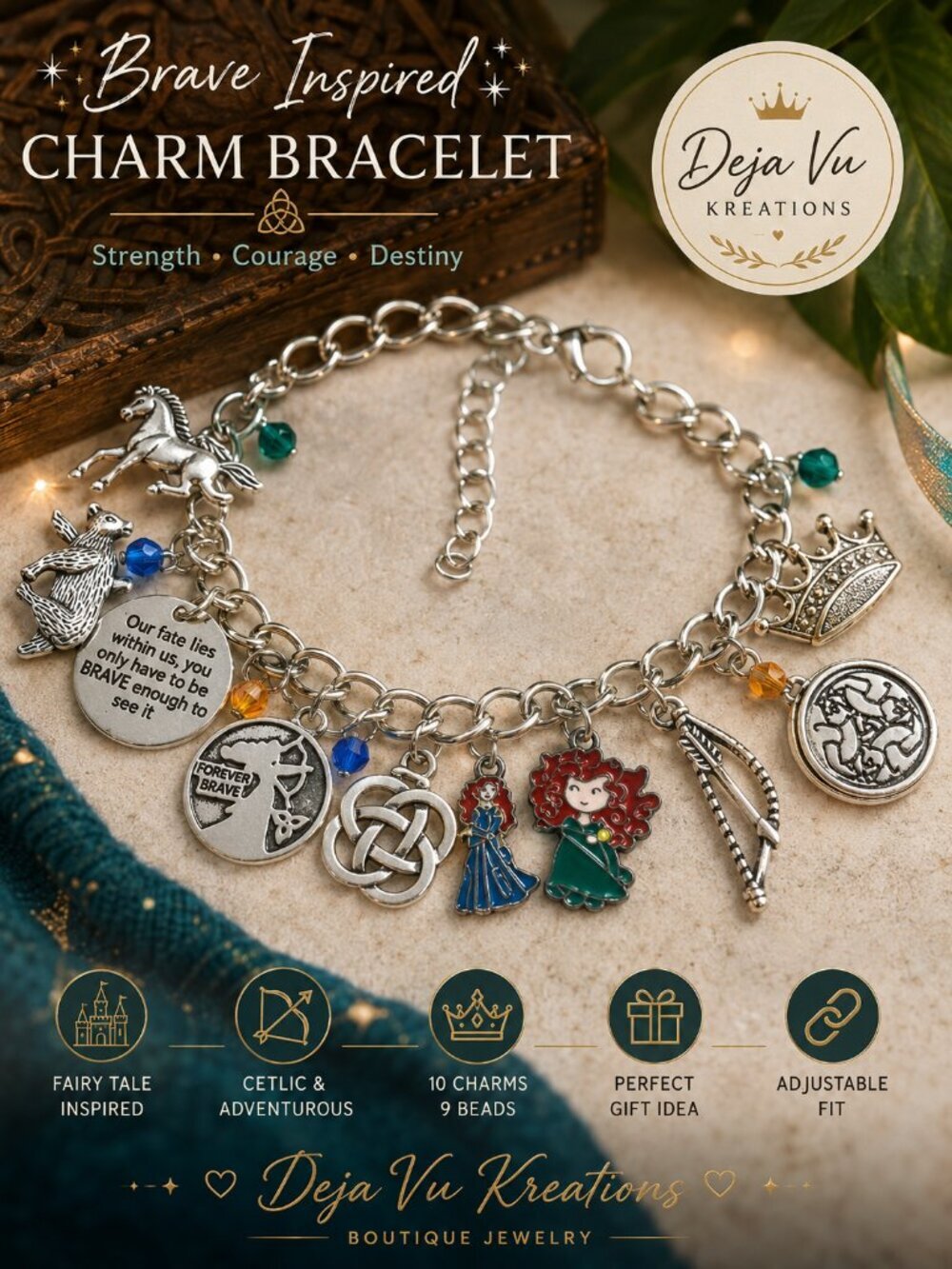 Brave Inspired Charm Bracelet Merida Celtic Knot Bear Bow Crown Silver Tone